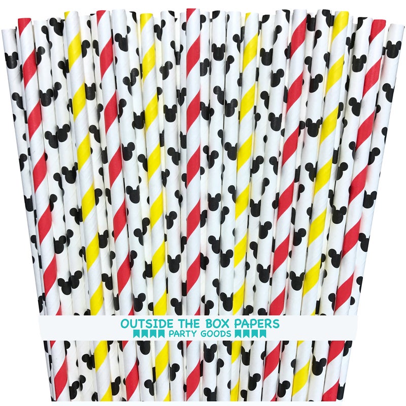 Outside the Box Papers Mickey Mouse Inspired and Stripe Paper Straws - Red Black Yellow White - 100 Pack - Outside the Box Papers Brand - Image 1